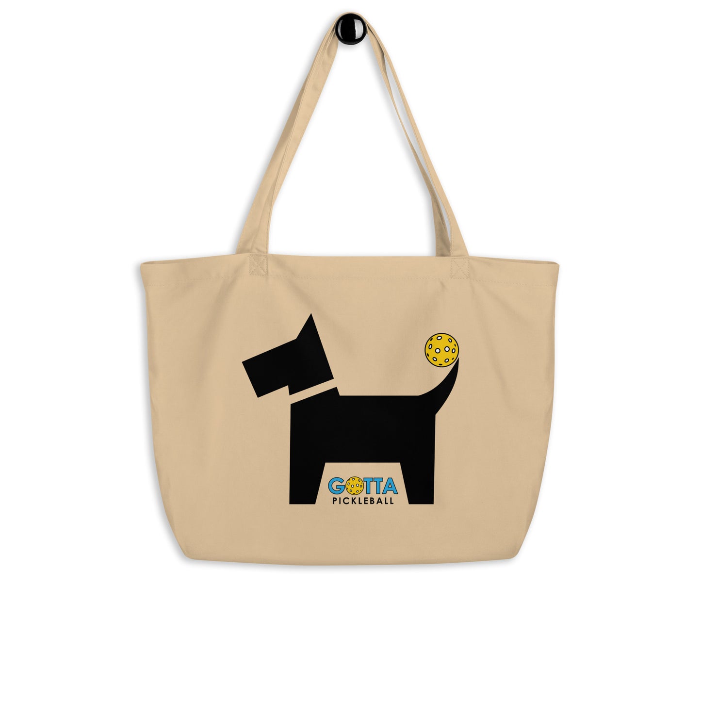 Large organic tote bag: Oyster Black Dog with PIckleball Tail