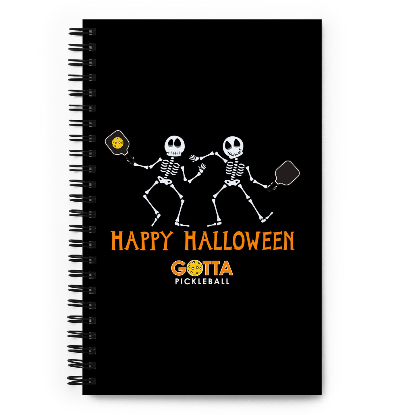 Spiral notebook: Happy Halloween Pickleball Playing Skeletons