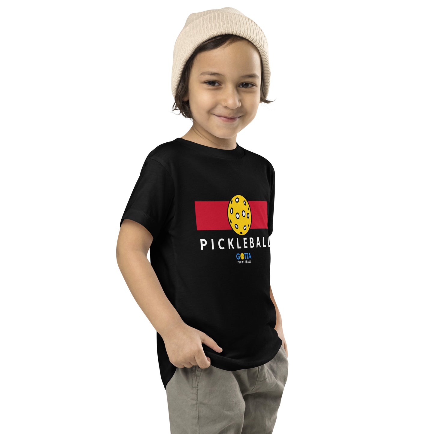 Toddler T-Shirt Cotton: Color Block Red with Pickleball (black)