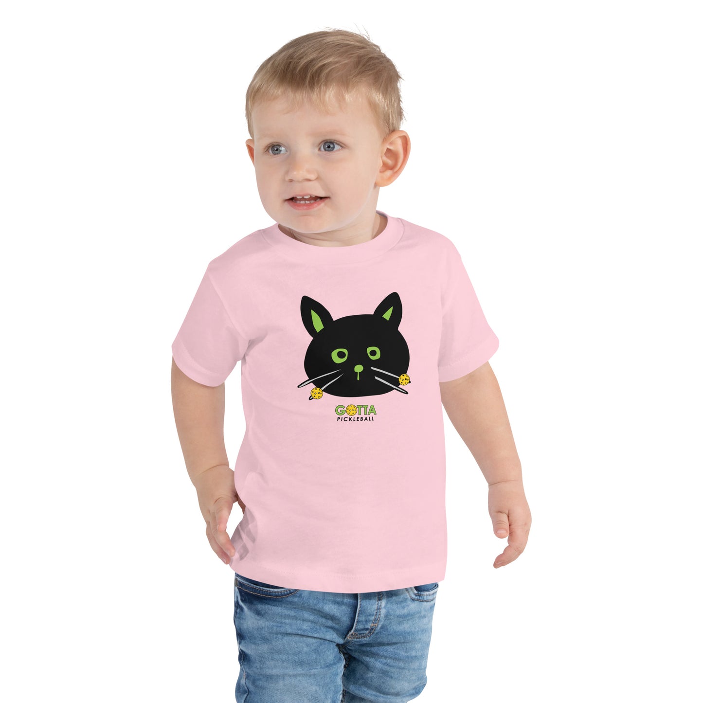 Toddler T-Shirt Cotton: Cat Black with Pickleball Whiskers (more colors)