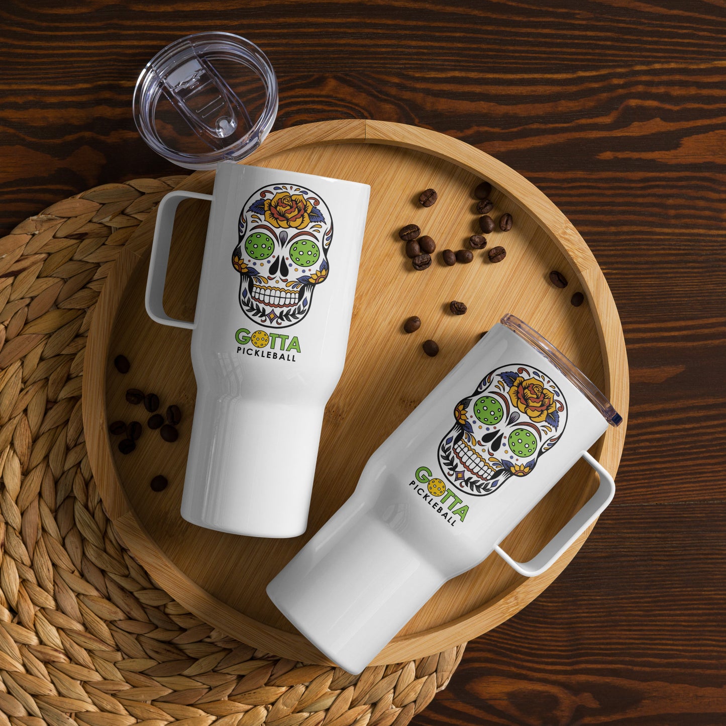 Travel mug with handle: Day of the Dead Skull with Pickleball Eyes