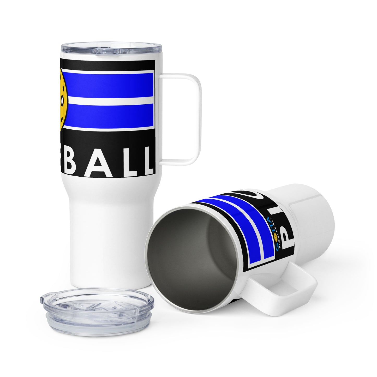 Travel mug with handle: Blue Court Pickleball