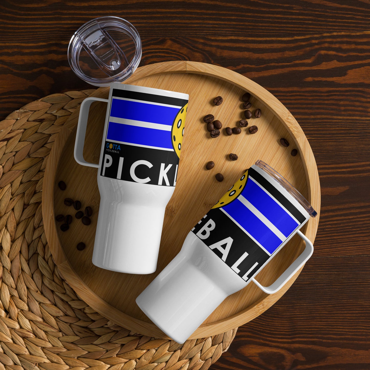 Travel mug with handle: Blue Court Pickleball