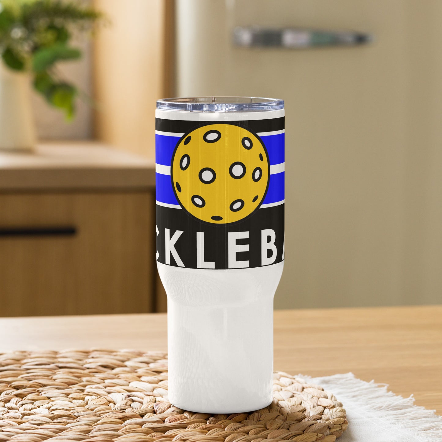 Travel mug with handle: Blue Court Pickleball