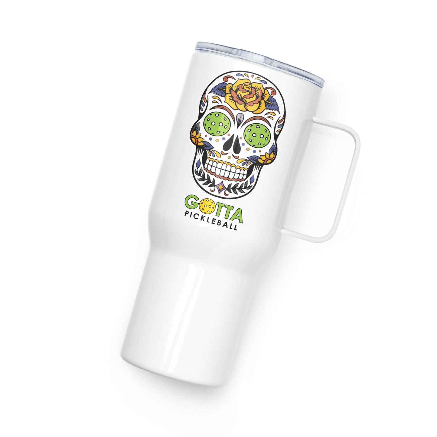 Travel mug with handle: Day of the Dead Skull with Pickleball Eyes