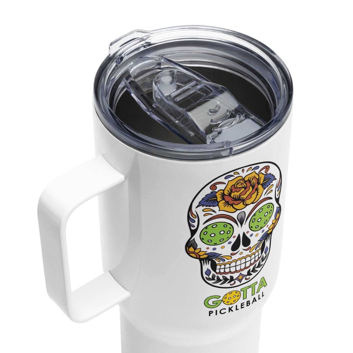 Travel mug with handle: Day of the Dead Skull with Pickleball Eyes
