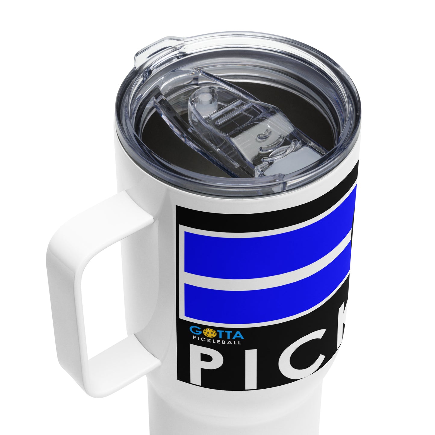 Travel mug with handle: Blue Court Pickleball