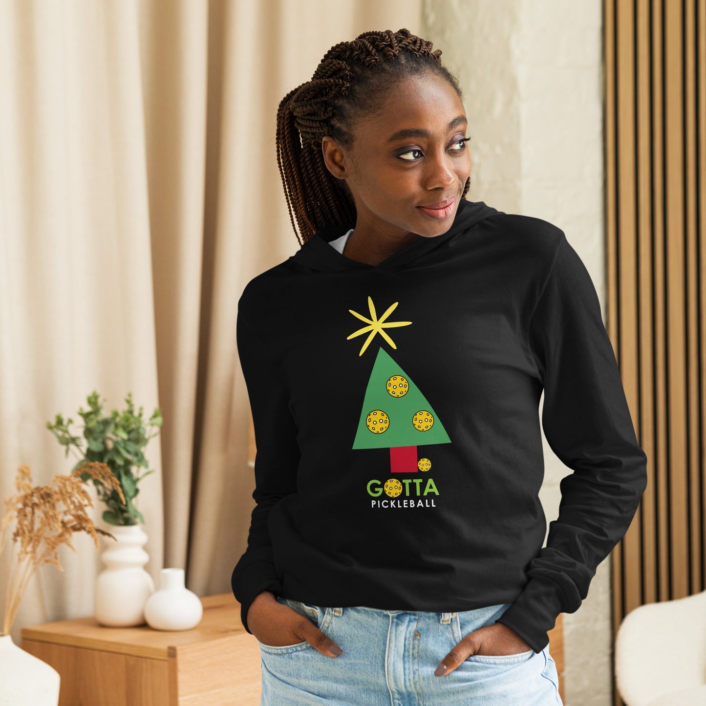 Unisex Hooded Long Sleeve Tee: PICKLEBALL CHRISTMAS TREE (more colors)