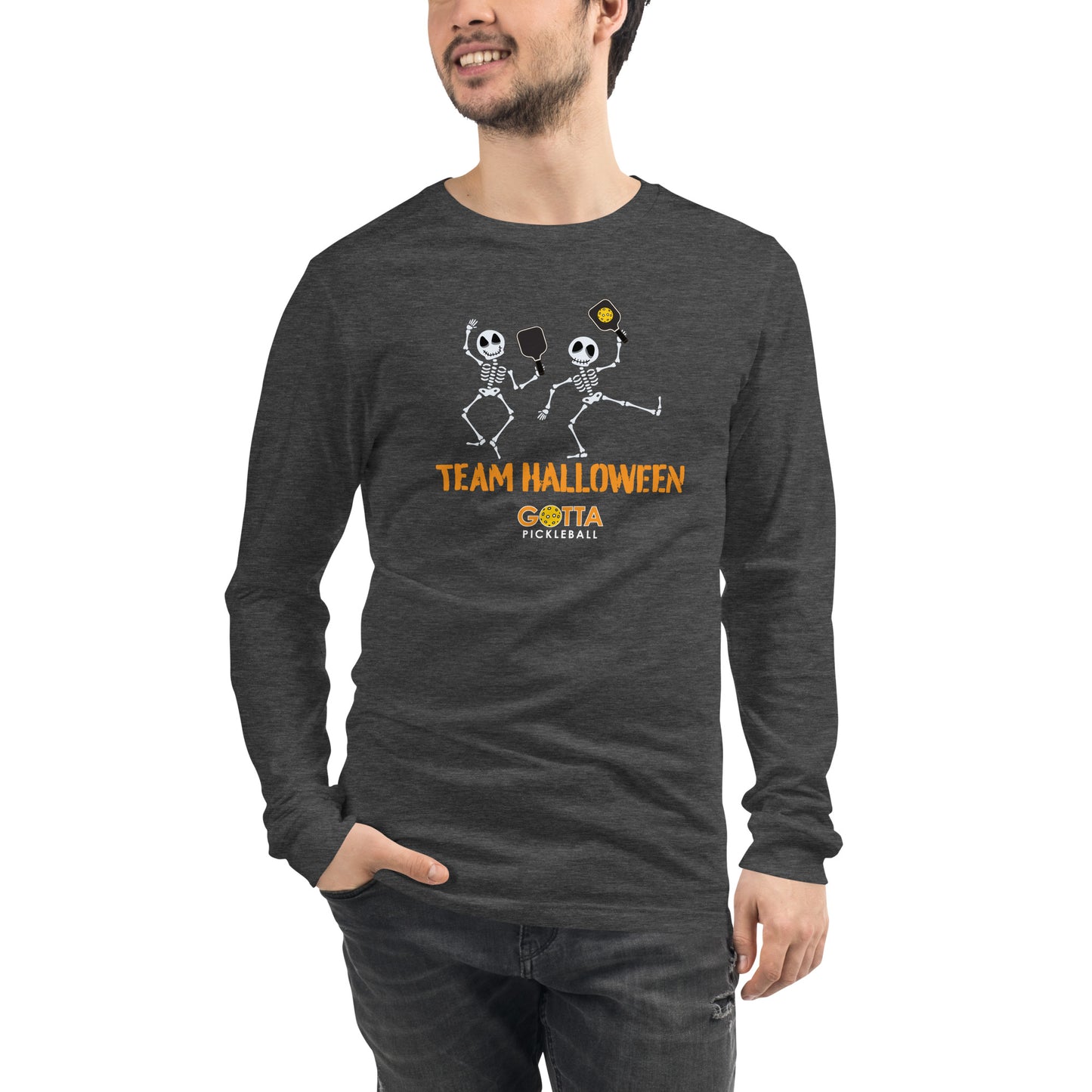 Unisex Long Sleeve Tee: PICKLEBALL SKELETONS TEAM HALLOWEEN (more colors)