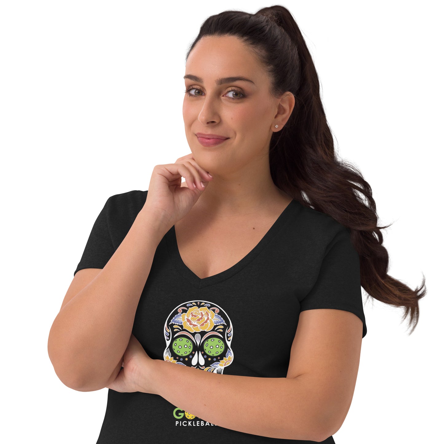 Women's T-Shirt V-Neck: Day of the Dead Skull PIckleball eyes (more colors)