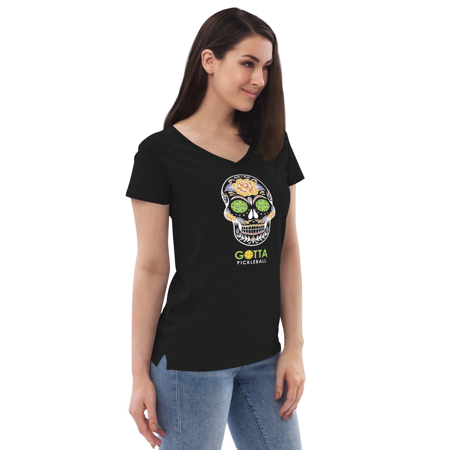 Women's T-Shirt V-Neck: Day of the Dead Skull PIckleball eyes (more colors)