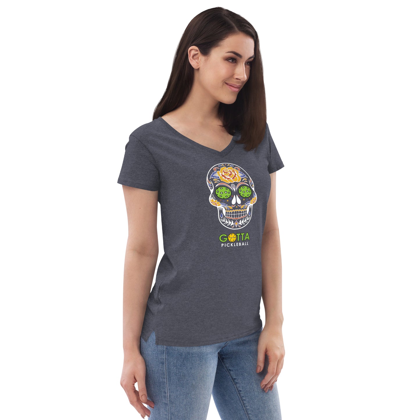Women's T-Shirt V-Neck: Day of the Dead Skull PIckleball eyes (more colors)