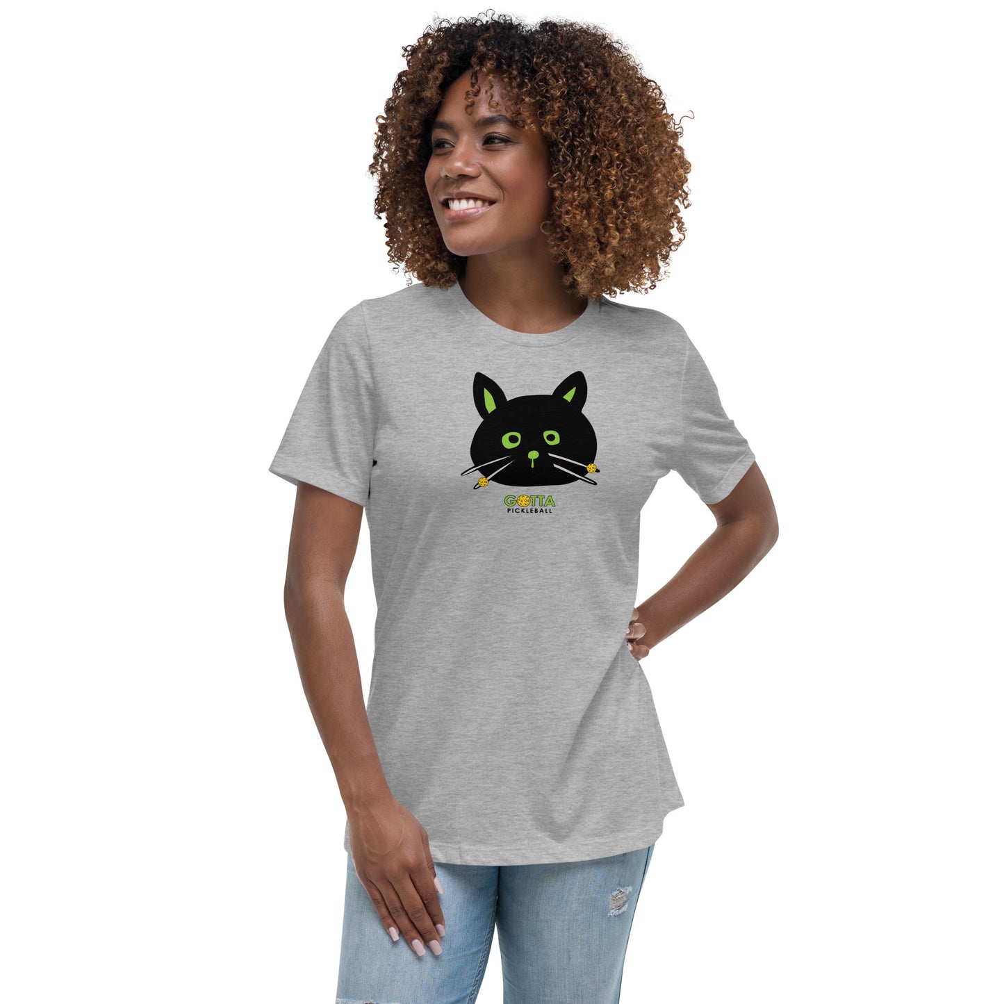 Women's T-Shirt Relaxed:Cat Black Pickleball Whiskers (more colors)