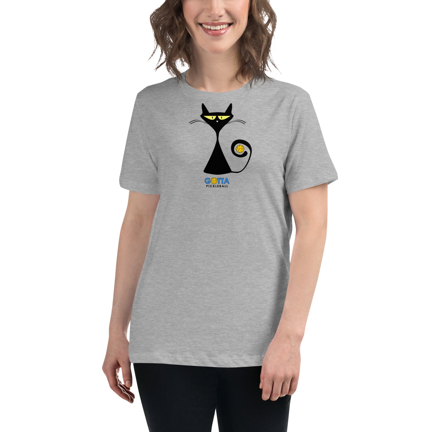 Women's Relaxed T-Shirt Cat Black Pickleball Tail (more colors)
