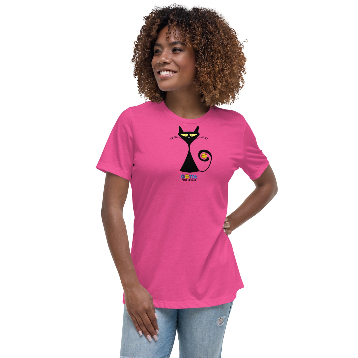 Women's Relaxed T-Shirt Cat Black Pickleball Tail (more colors)