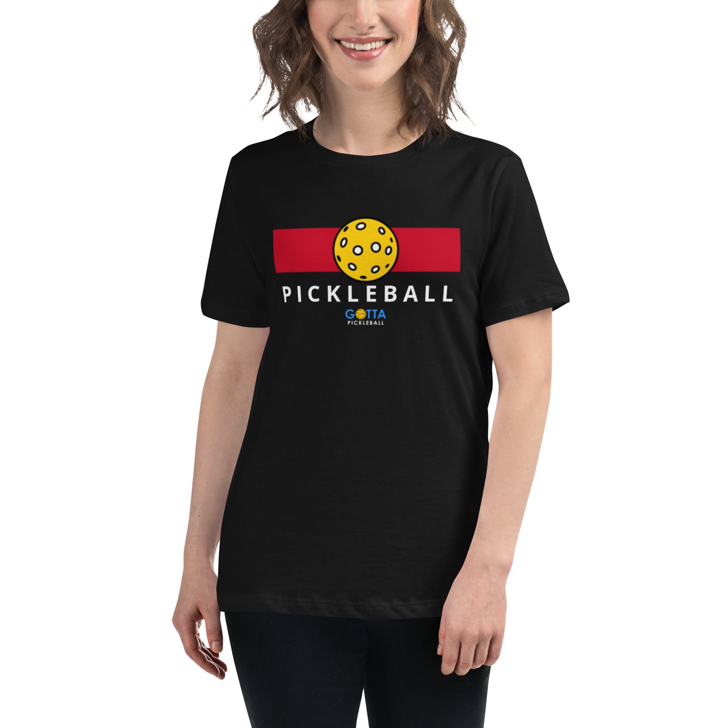 Women's T-Shirt Relaxed: Color Block Red with Pickleball (more colors)