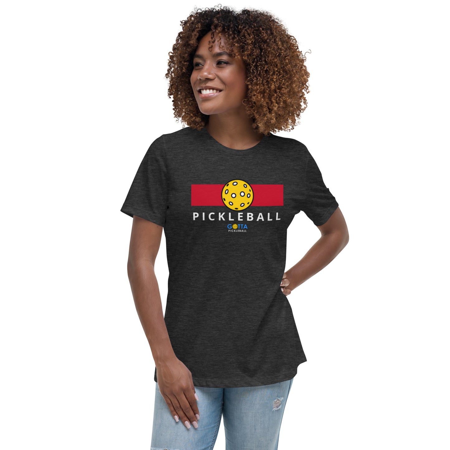 Women's T-Shirt Relaxed: Color Block Red with Pickleball (more colors)