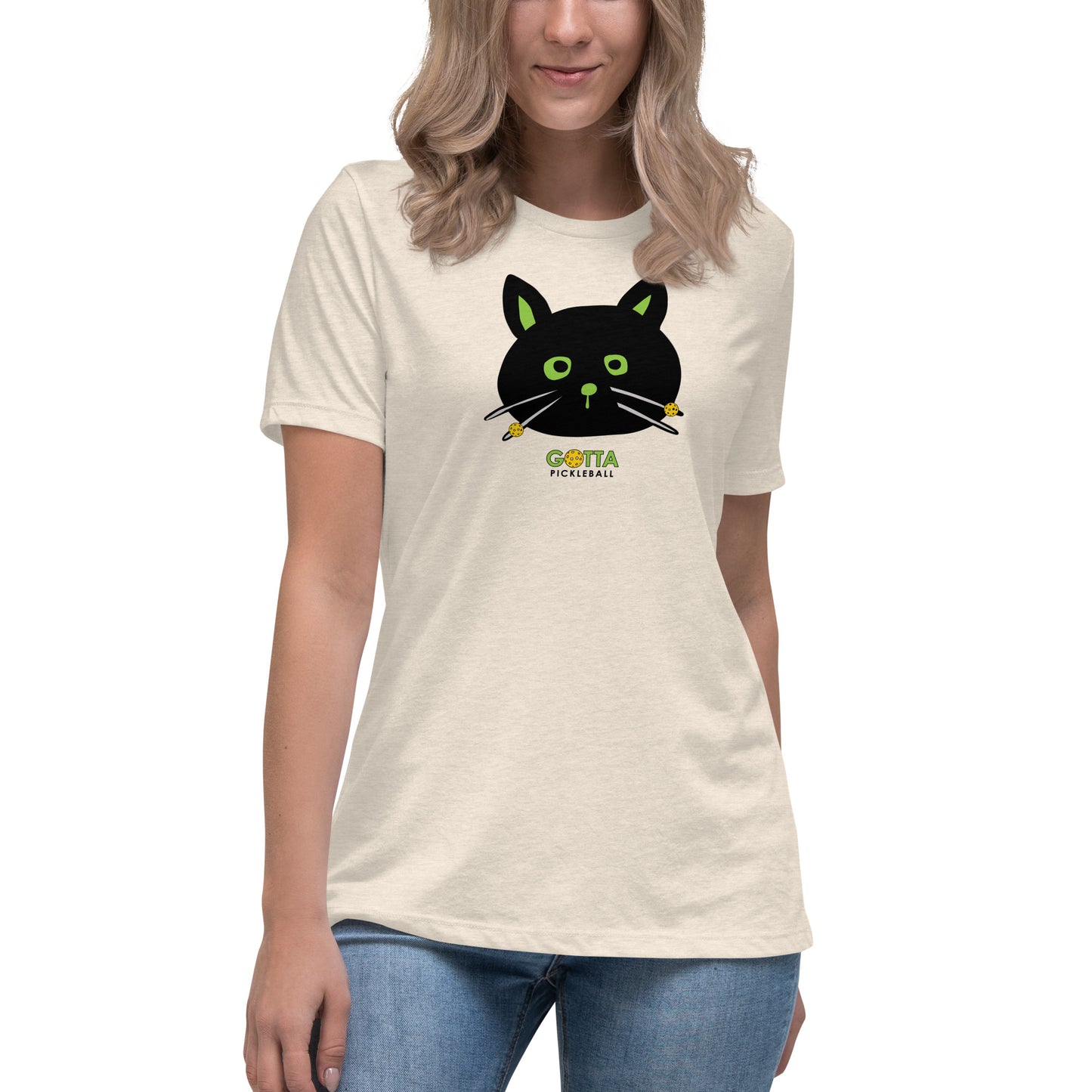 Women's T-Shirt Relaxed:Cat Black Pickleball Whiskers (more colors)