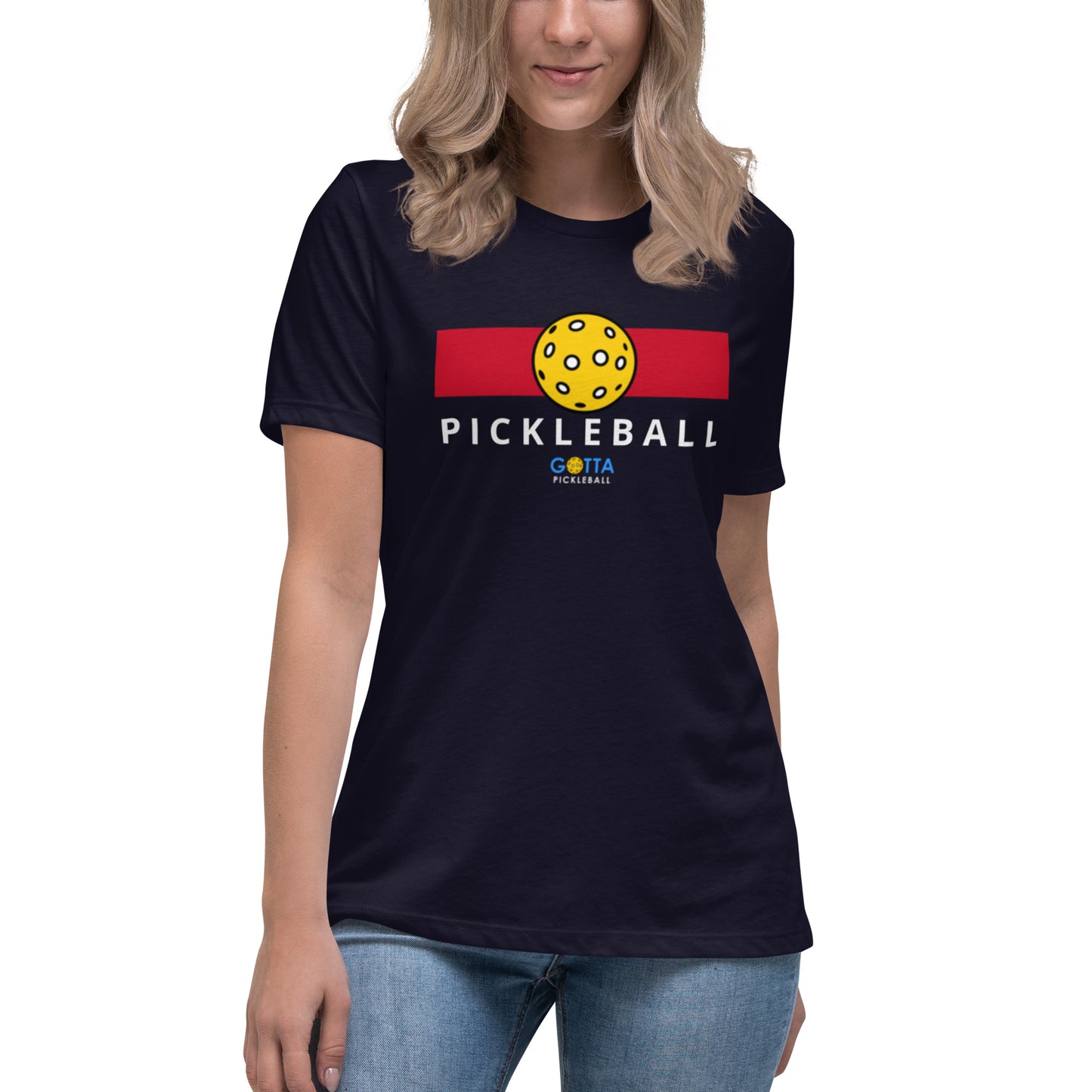 Women's T-Shirt Relaxed: Color Block Red with Pickleball (more colors)