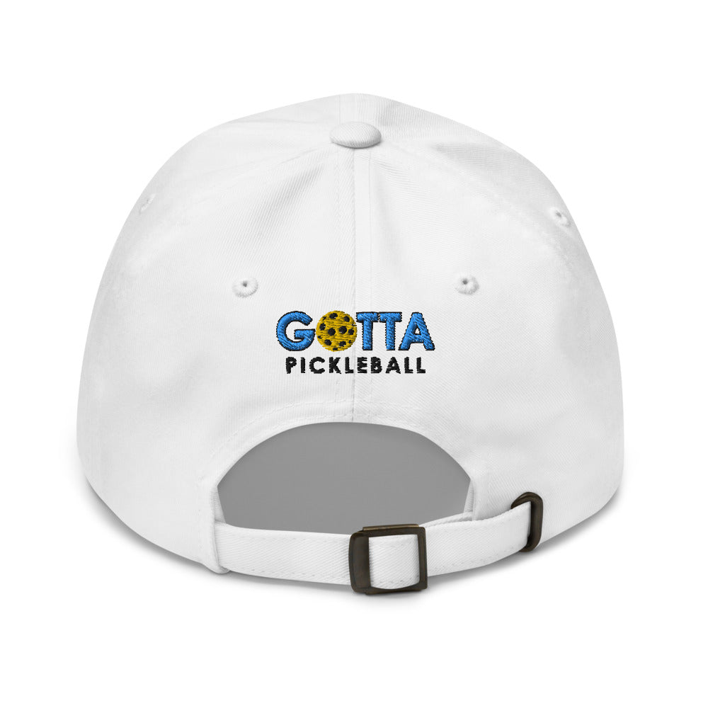 pickleball hat cap gotta pickleball on back Ozzie the pickleball player with pickleball on front embroidered white Pickleball hat