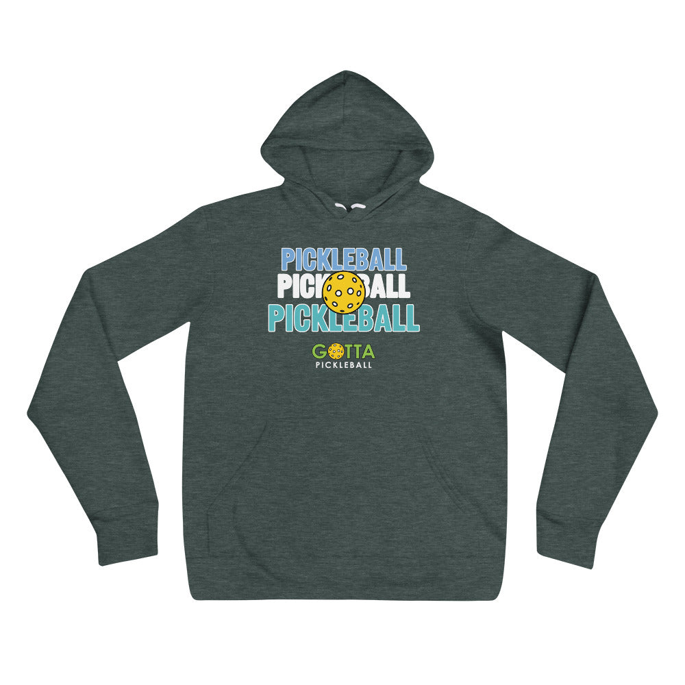 Gotta Pickleball lightweight soft fleece hoodie sweatshirt with centered outlined text of word pickleball listed three times and an image of a pickleball centered on top of text