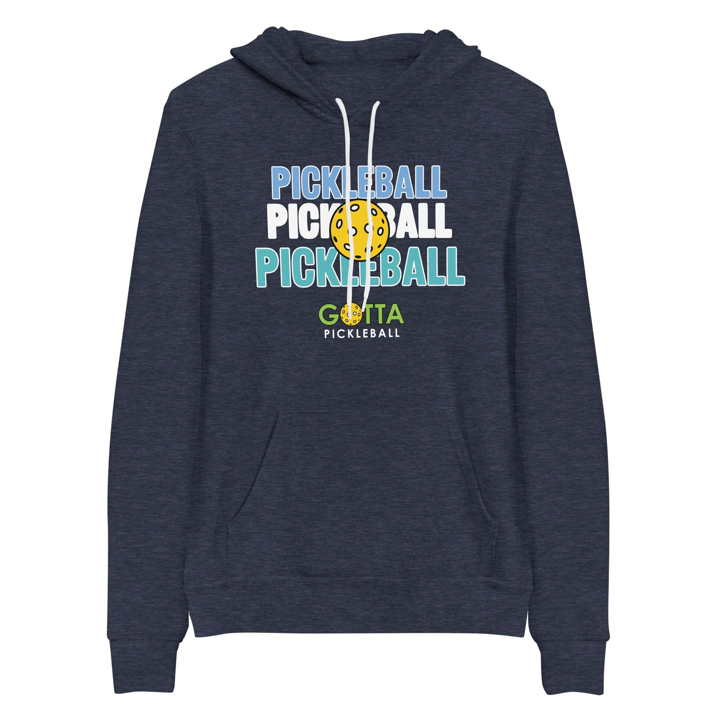 Gotta Pickleball lightweight soft fleece hoodie sweatshirt with centered outlined text of word pickleball listed three times and an image of a pickleball centered on top of text