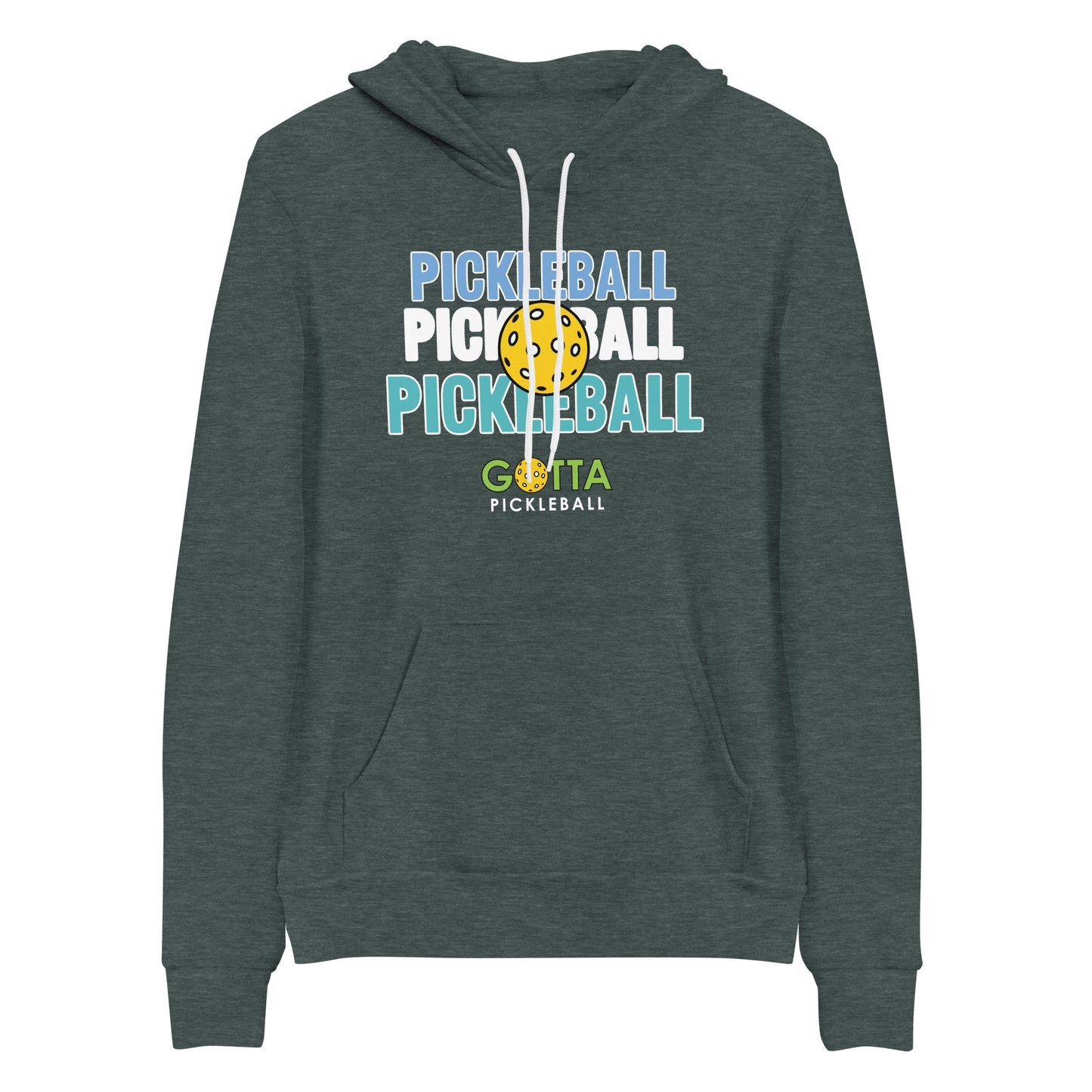 Gotta Pickleball lightweight soft fleece hoodie sweatshirt with centered outlined text of word pickleball listed three times and an image of a pickleball centered on top of text