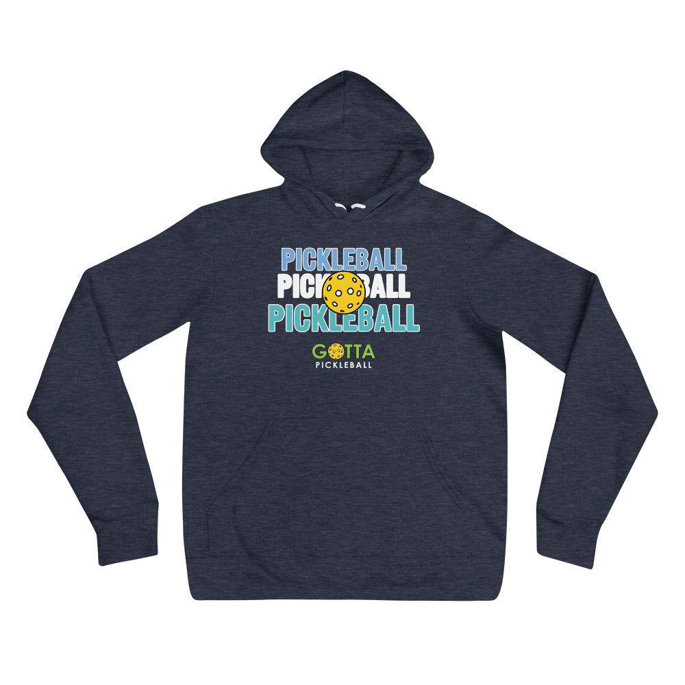 Gotta Pickleball lightweight soft fleece hoodie sweatshirt with centered outlined text of word pickleball listed three times and an image of a pickleball centered on top of text