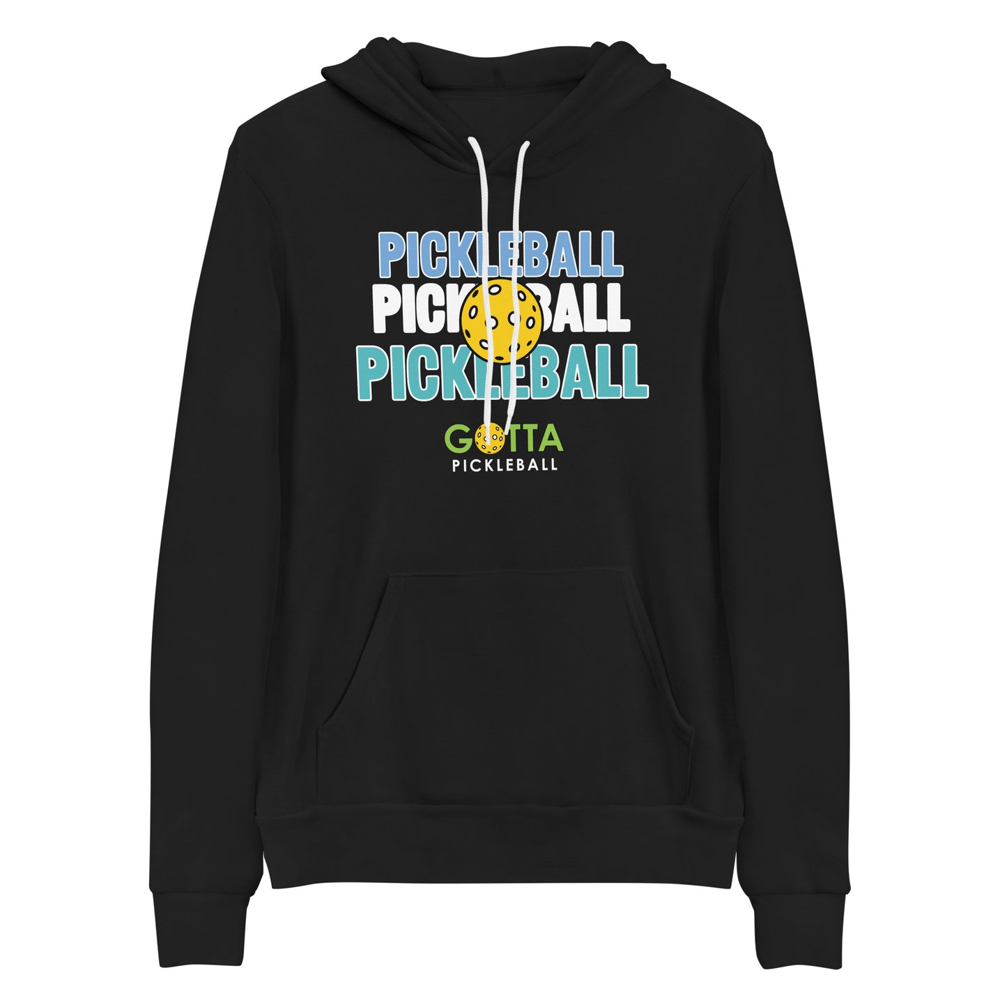 Gotta Pickleball lightweight soft fleece hoodie sweatshirt with centered outlined text of word pickleball listed three times and an image of a pickleball centered on top of text