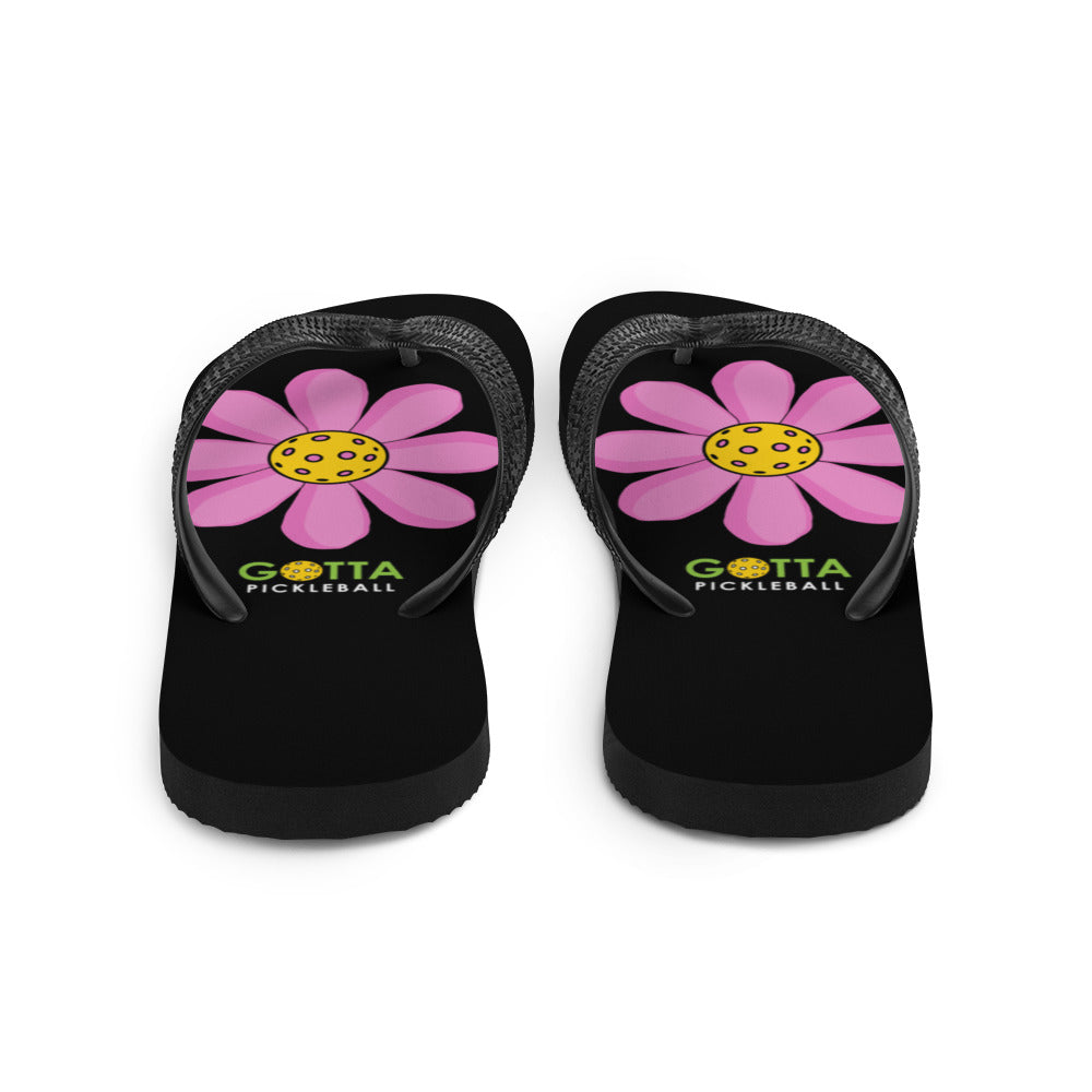 Flip-Flops: DINK PINK PICKLEBALL FLOWER ON BACKCOURT BLACK