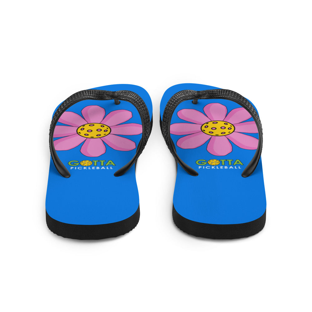 Flip-Flops: DINK PINK FLOWER ON PICKLEBALL COURT BLUE