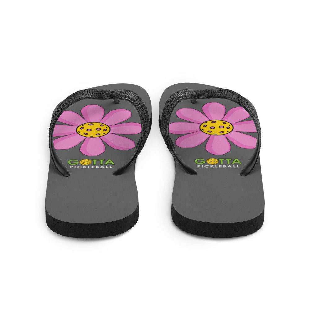 Flip-Flops: DINK PINK PICKLEBALL FLOWER ON GAME GRAY