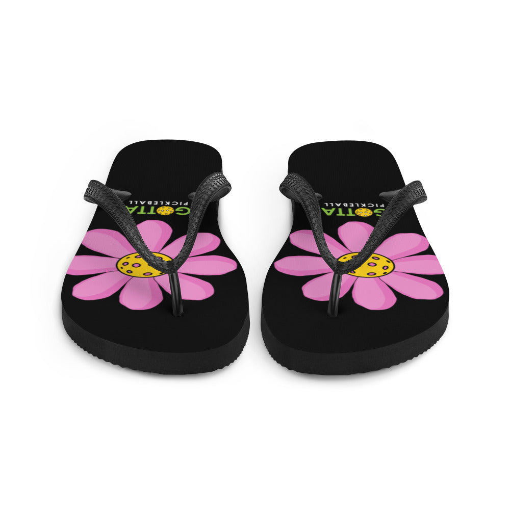 Flip-Flops: DINK PINK PICKLEBALL FLOWER ON BACKCOURT BLACK