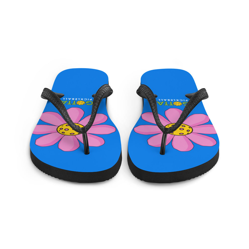 Flip-Flops: DINK PINK FLOWER ON PICKLEBALL COURT BLUE