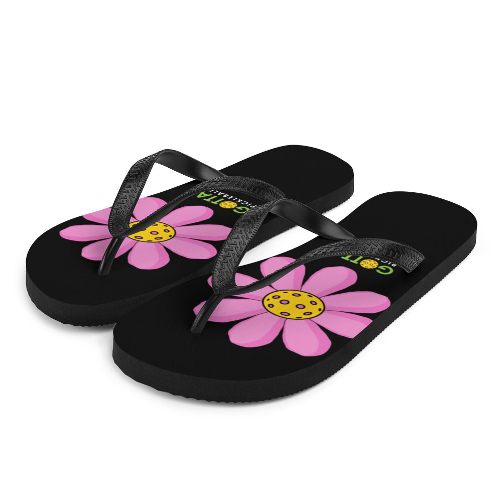 Flip-Flops: DINK PINK PICKLEBALL FLOWER ON BACKCOURT BLACK