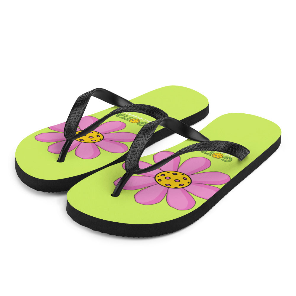 Flip-Flops: DINK PINK PICKLEBALL FLOWER WITH NVZ GREEN