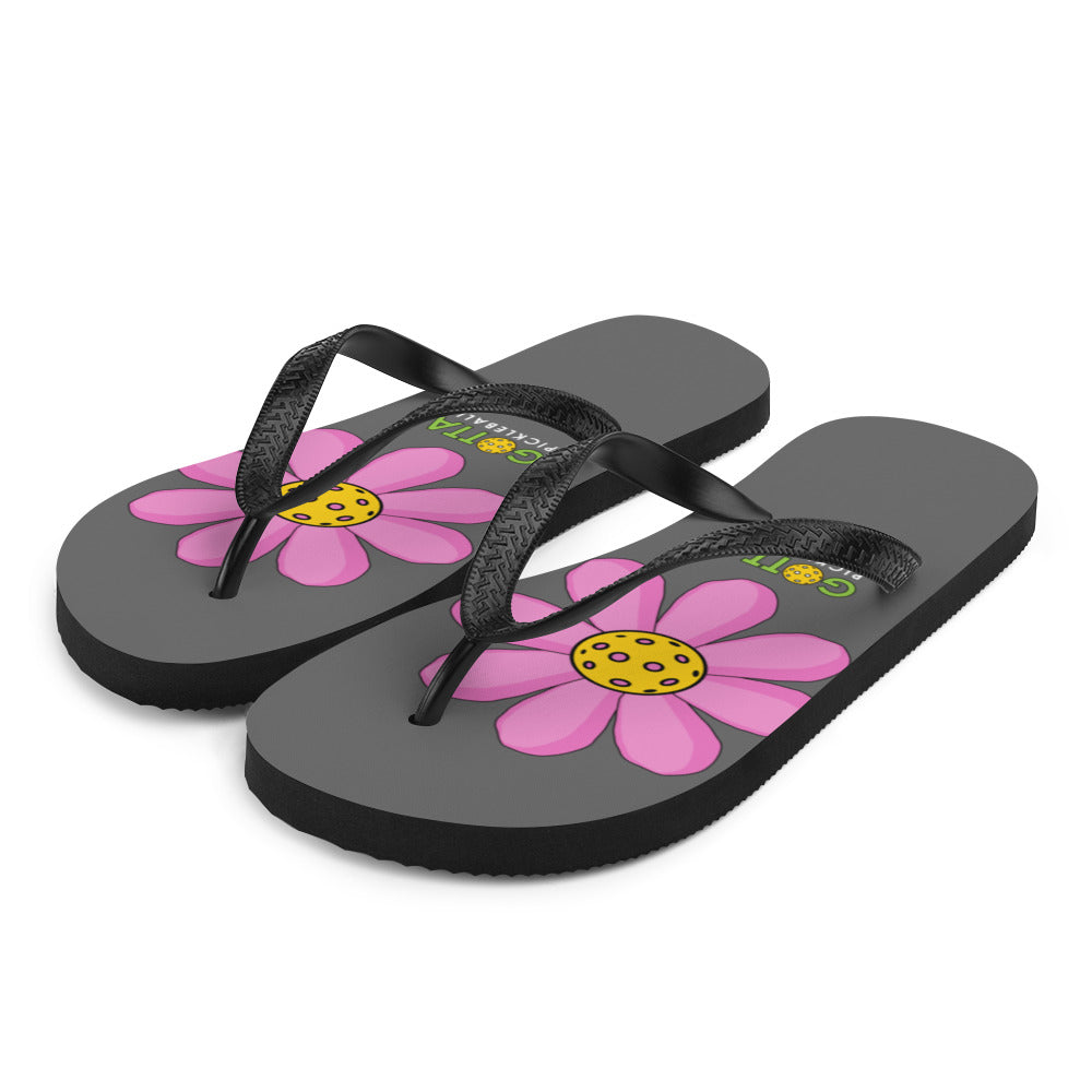 Flip-Flops: DINK PINK PICKLEBALL FLOWER ON GAME GRAY
