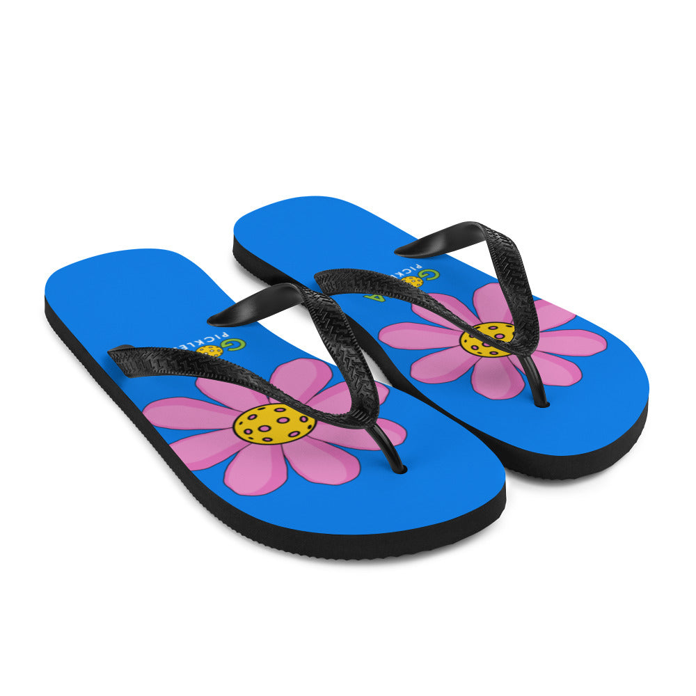 Flip-Flops: DINK PINK FLOWER ON PICKLEBALL COURT BLUE