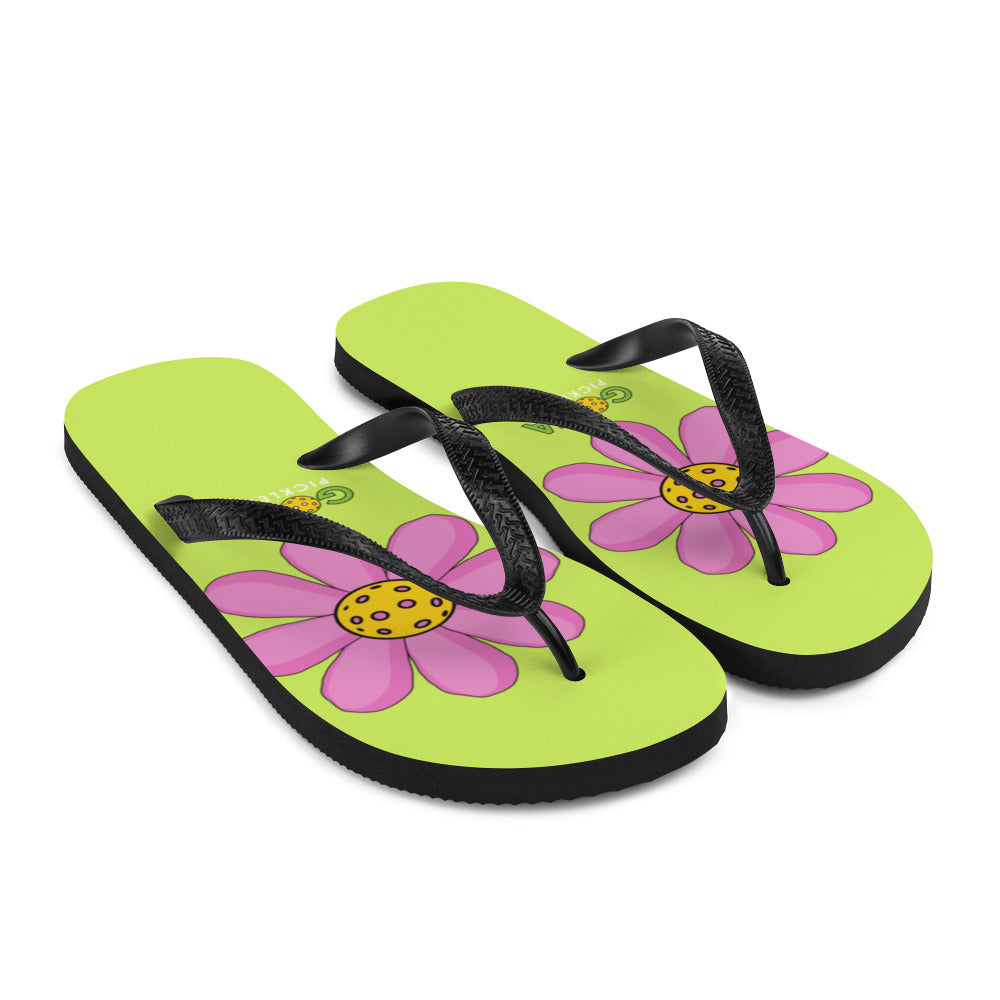 Flip-Flops: DINK PINK PICKLEBALL FLOWER WITH NVZ GREEN