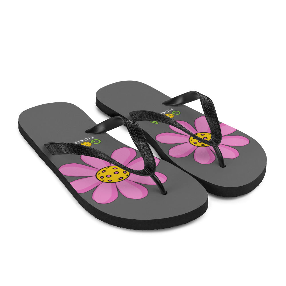 Flip-Flops: DINK PINK PICKLEBALL FLOWER ON GAME GRAY