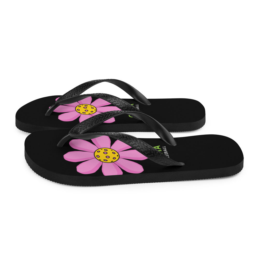 Flip-Flops: DINK PINK PICKLEBALL FLOWER ON BACKCOURT BLACK