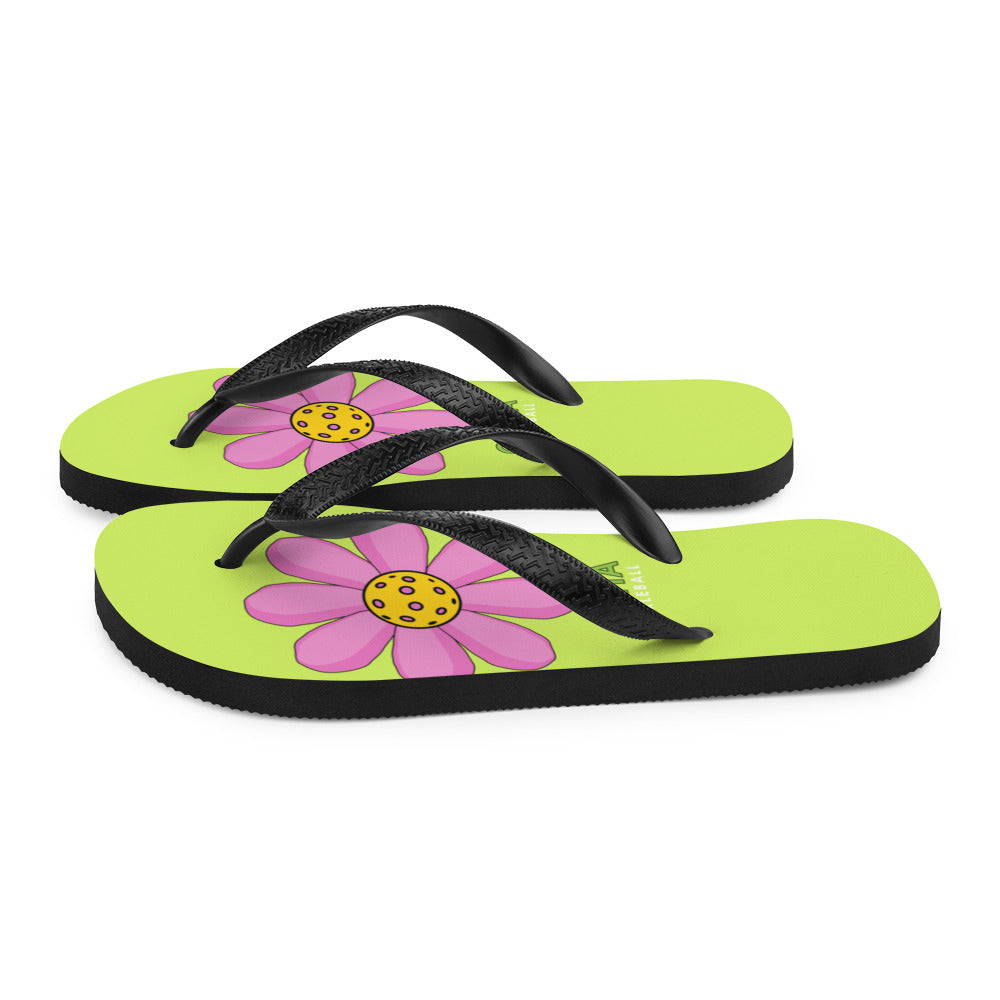 Flip-Flops: DINK PINK PICKLEBALL FLOWER WITH NVZ GREEN