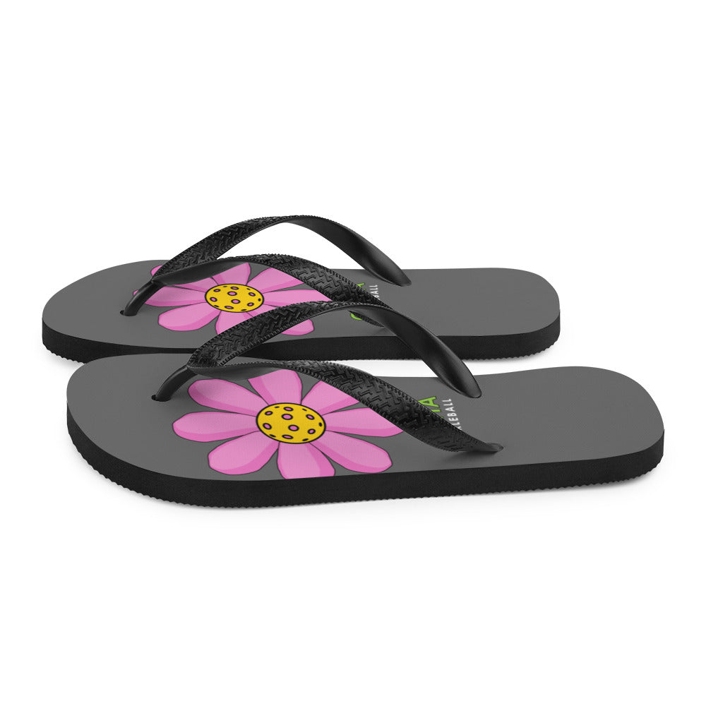 Flip-Flops: DINK PINK PICKLEBALL FLOWER ON GAME GRAY