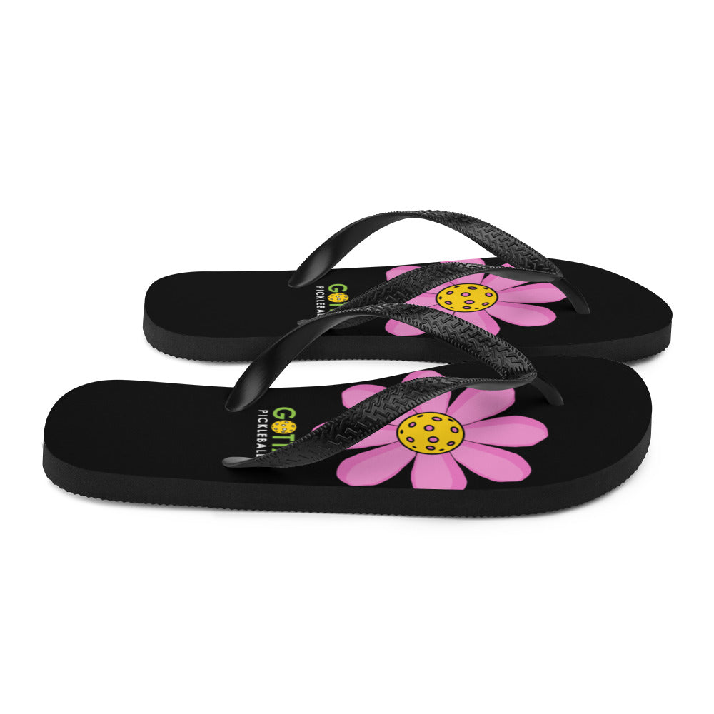 Flip-Flops: DINK PINK PICKLEBALL FLOWER ON BACKCOURT BLACK