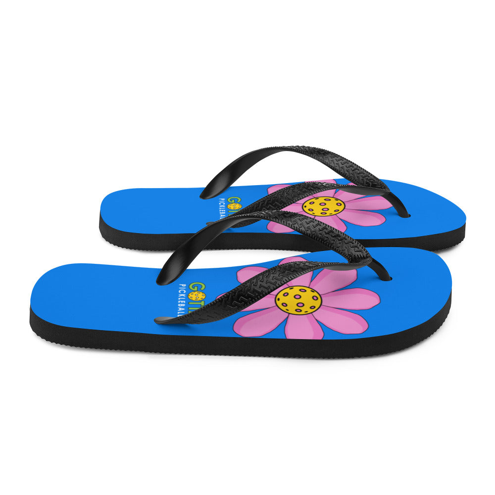 Flip-Flops: DINK PINK FLOWER ON PICKLEBALL COURT BLUE