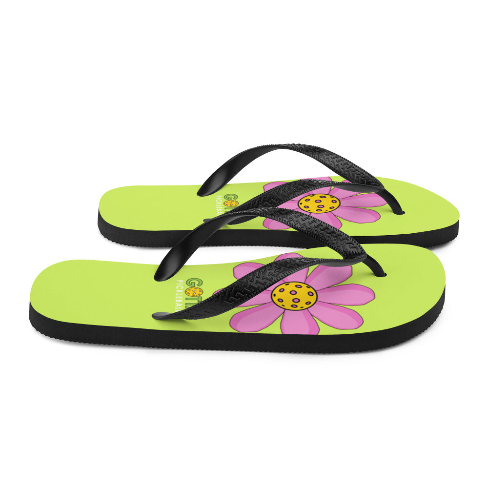 Flip-Flops: DINK PINK PICKLEBALL FLOWER WITH NVZ GREEN