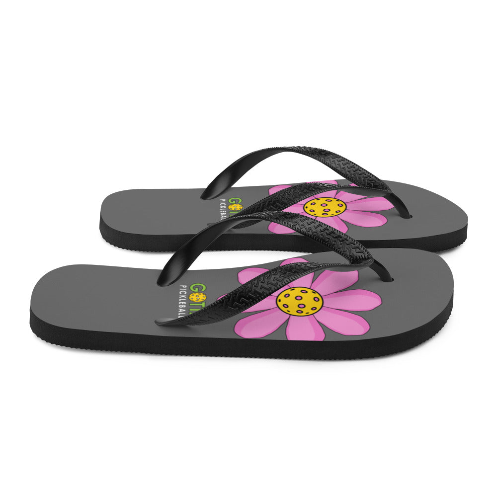 Flip-Flops: DINK PINK PICKLEBALL FLOWER ON GAME GRAY