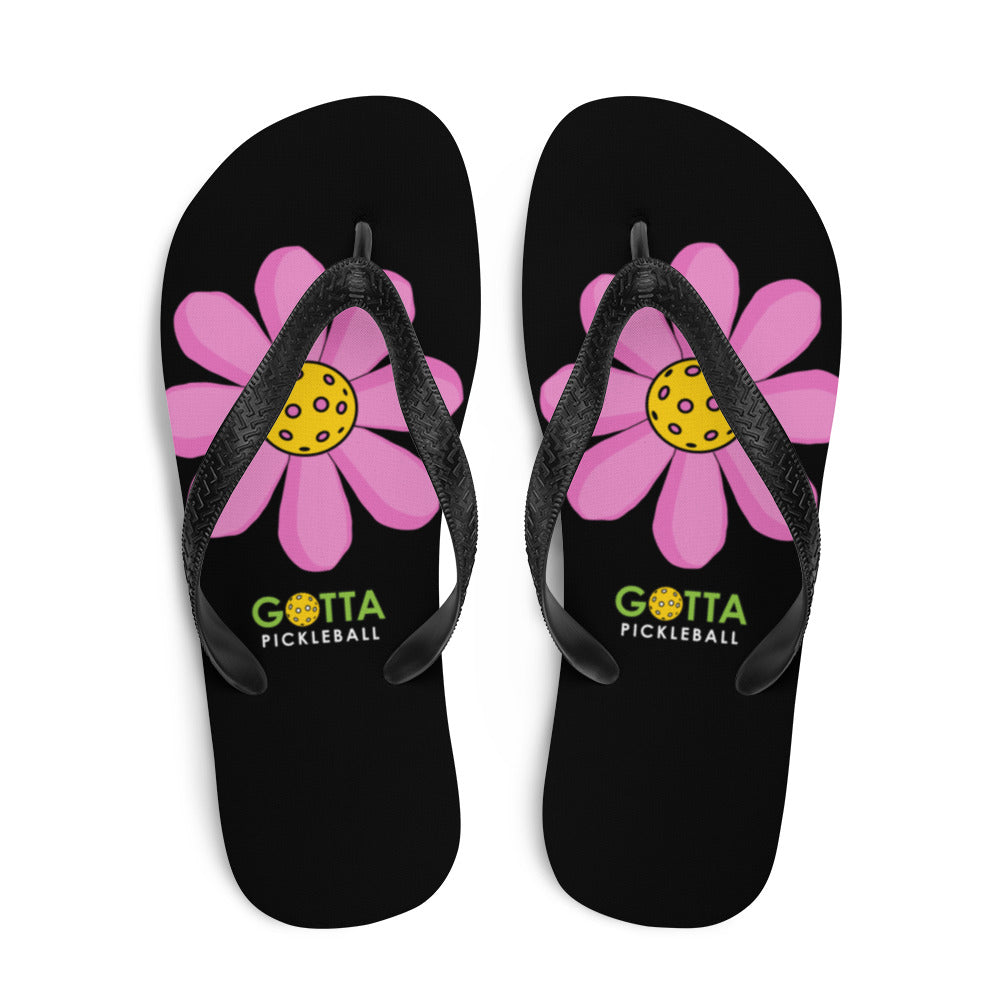Flip-Flops: DINK PINK PICKLEBALL FLOWER ON BACKCOURT BLACK