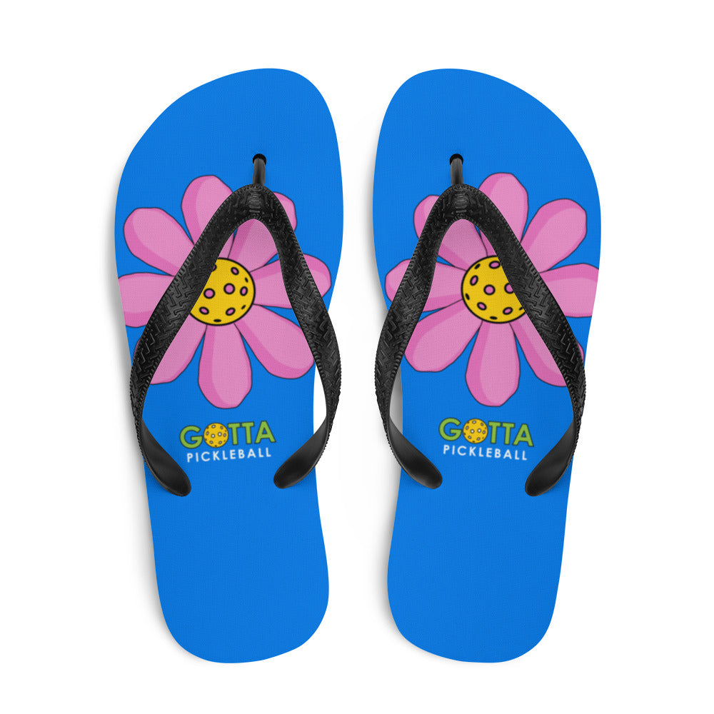 Flip-Flops: DINK PINK FLOWER ON PICKLEBALL COURT BLUE
