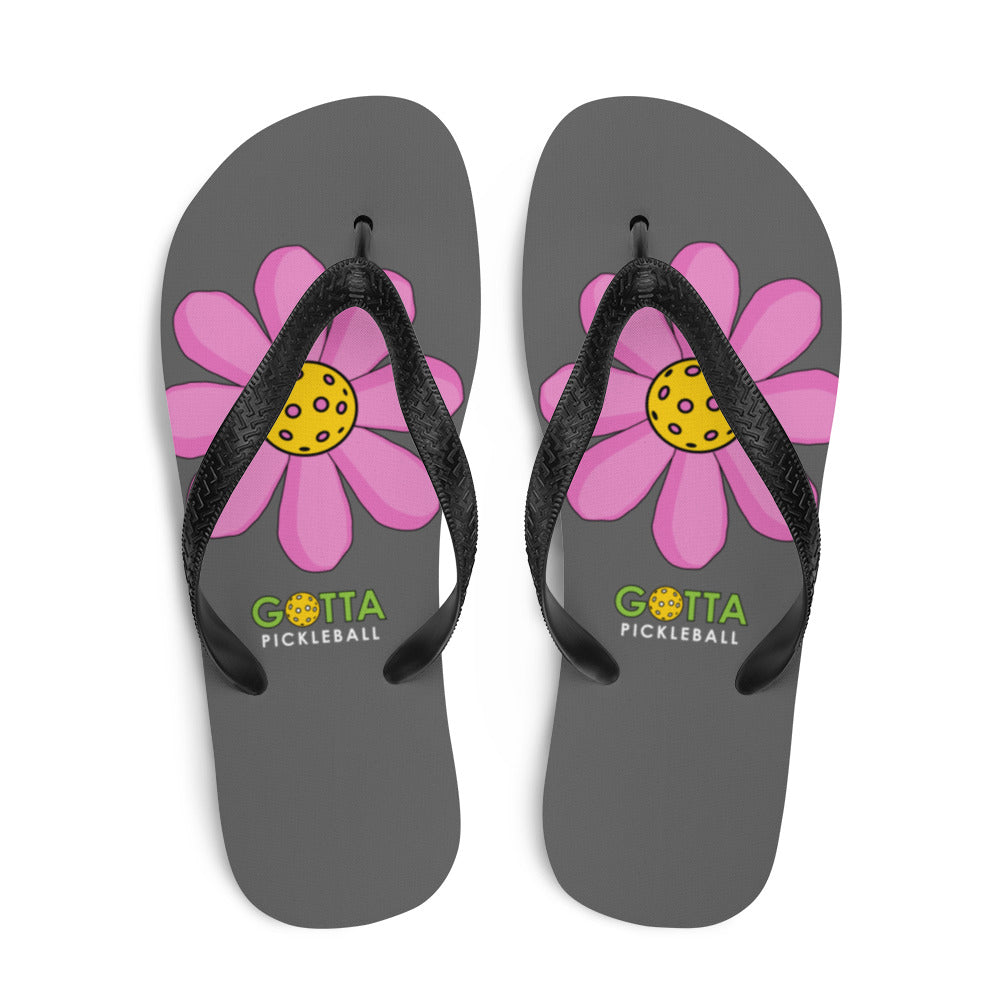 Flip-Flops: DINK PINK PICKLEBALL FLOWER ON GAME GRAY